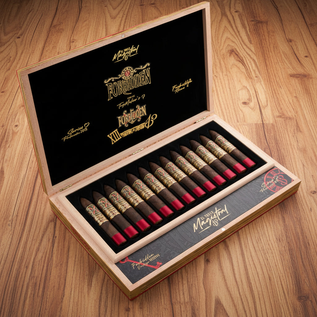 Open box of Arturo Fuente Opus X Forbidden X El Trece Magistral 13 open box of cigars
