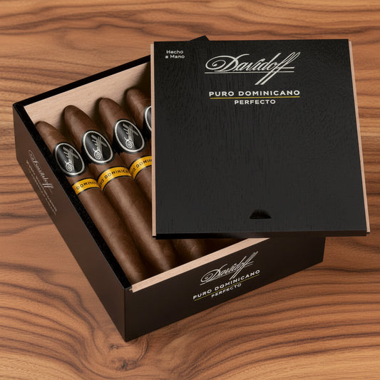 Box of Davidoff cigars with cigars inside on a white background